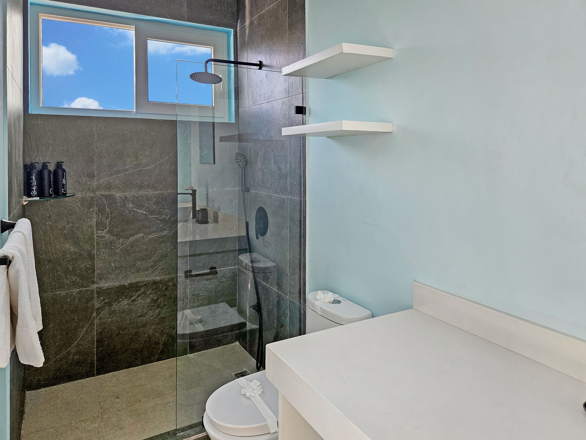 Bathroom with a glass-enclosed shower, toilet, white vanity, shelves, and a window showing a blue sky.