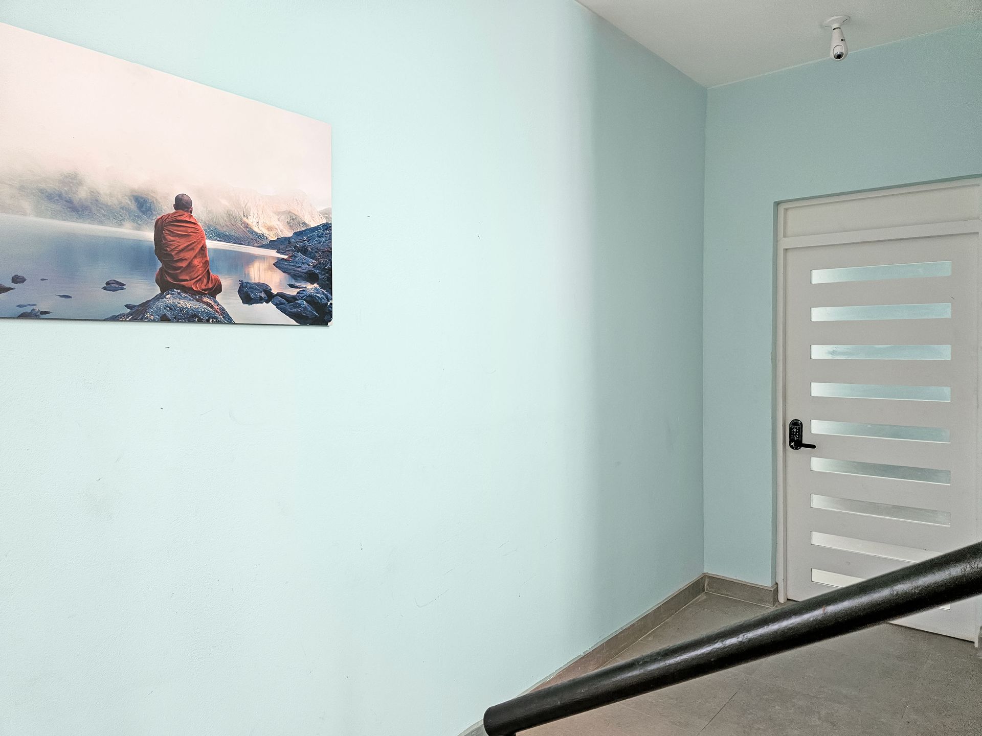 Light blue hallway with a painting, door, and staircase railing.