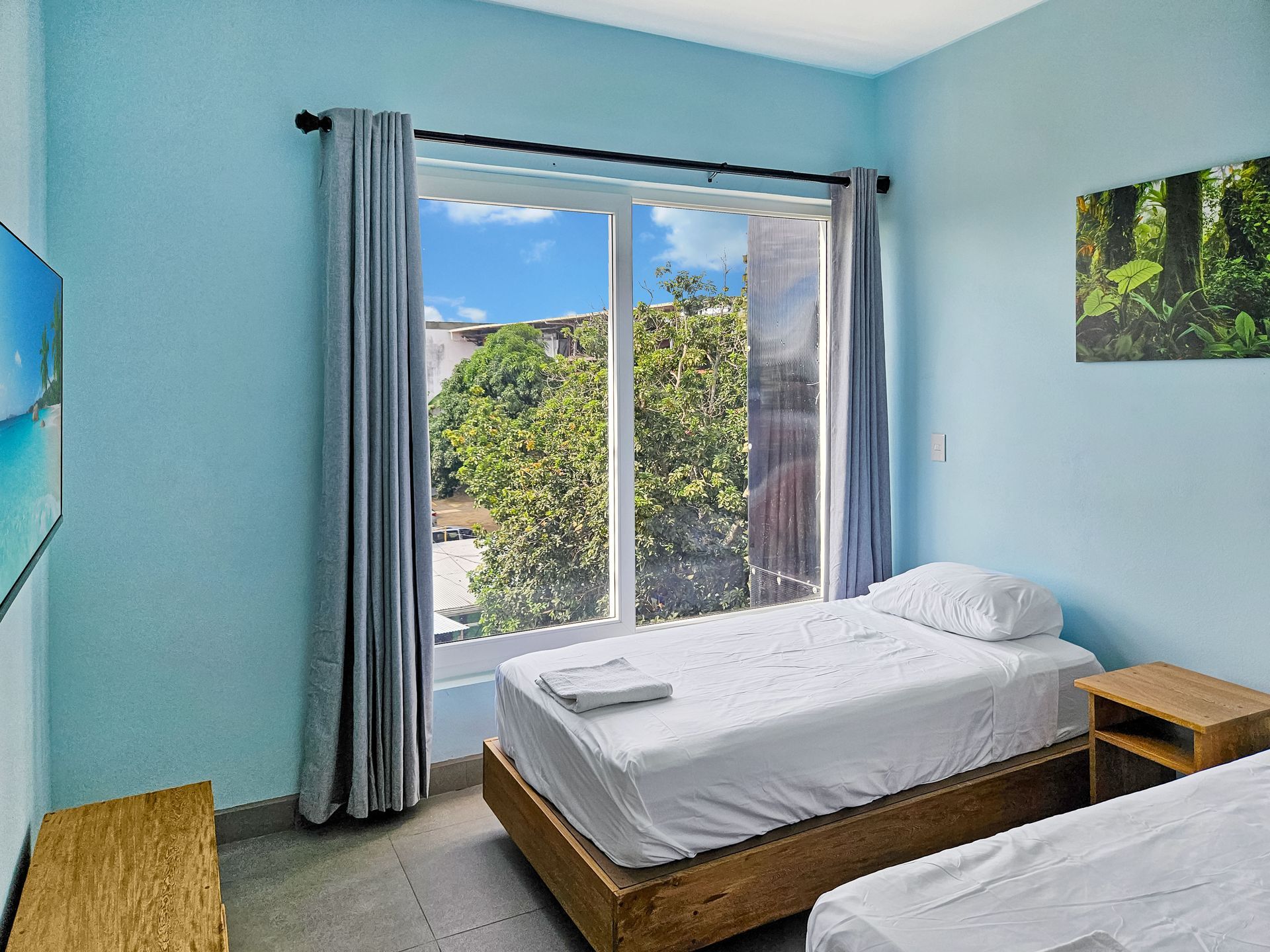 Two twin beds in a room with a window showing trees and blue walls.