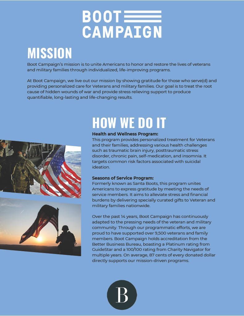A blue poster with the words boot campaign mission and how we do it