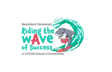 a logo for beachland elementary riding the wave of success