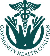 a logo for the community health coalition with hands and a caduceus