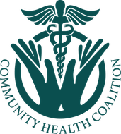 A logo for the community health coalition with hands and a caduceus