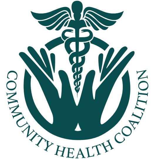 a logo for the community health coalition with hands and a caduceus
