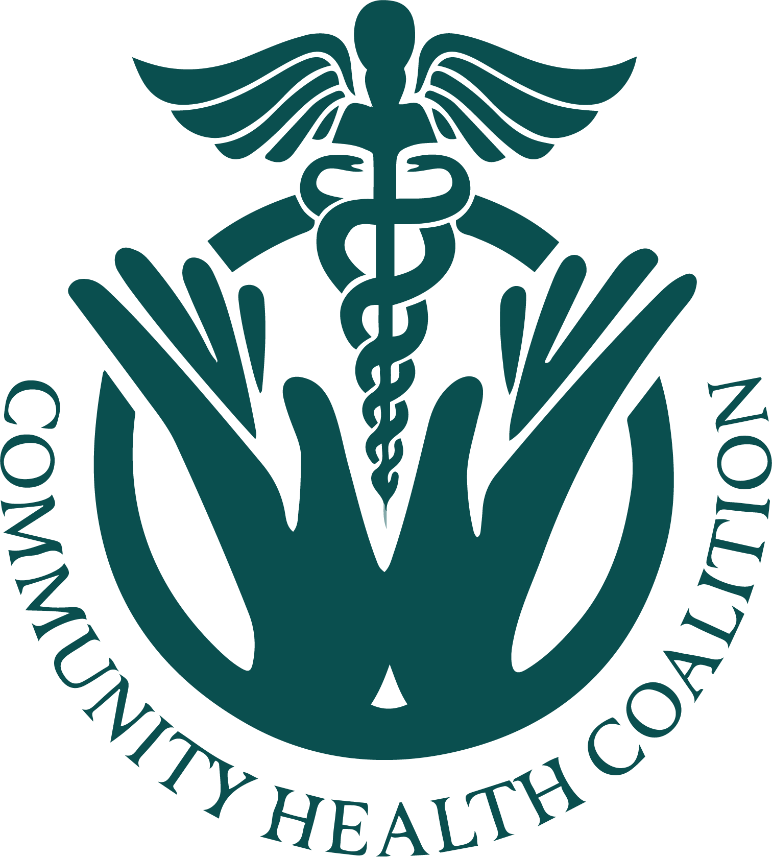 A logo for the community health coalition with hands and a caduceus