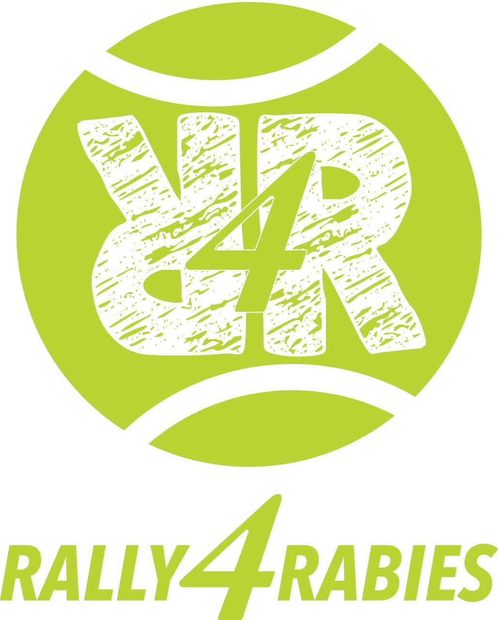 A green logo for rally 4 rabies with a tennis ball