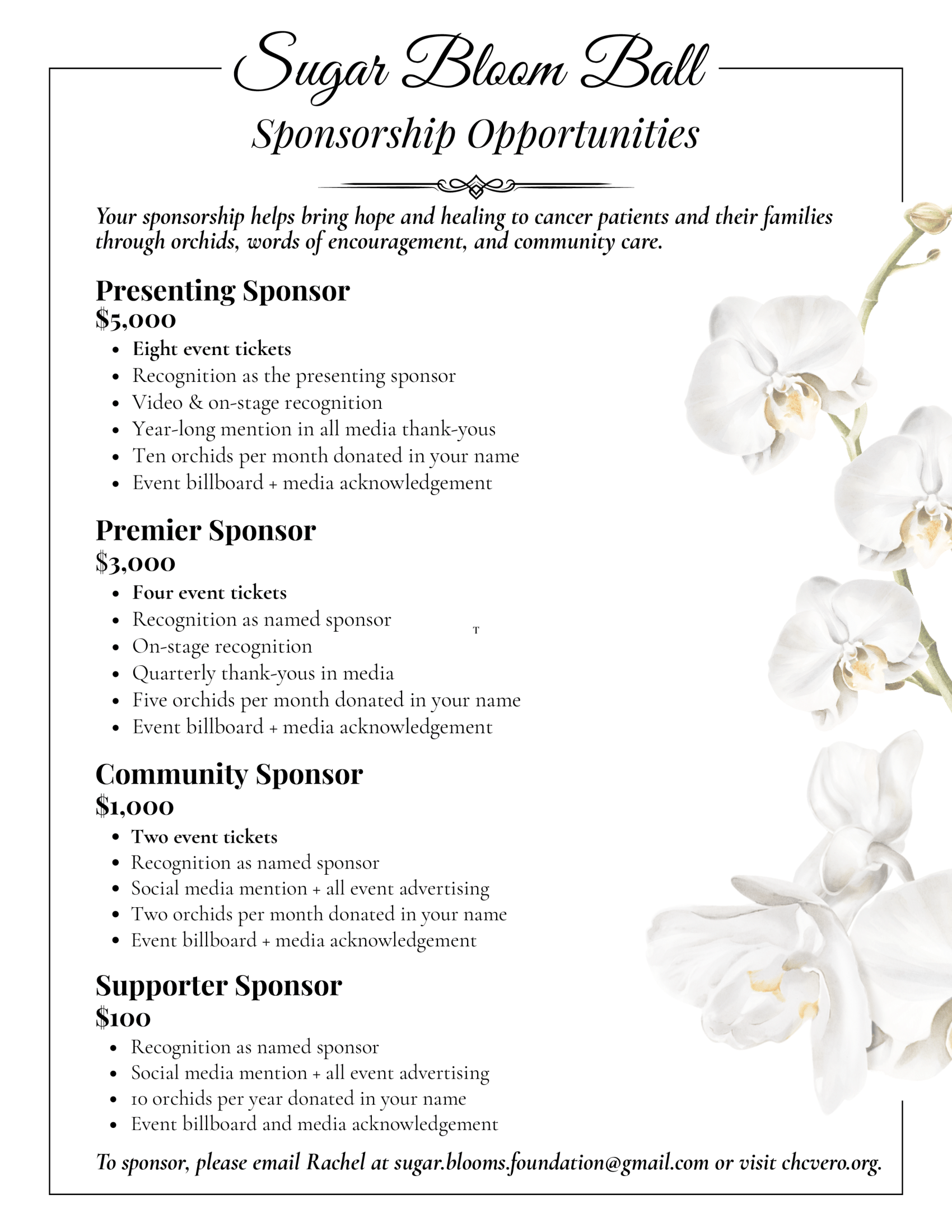 Sugar Bloom Ball sponsorship opportunities flyer with orchid graphic.