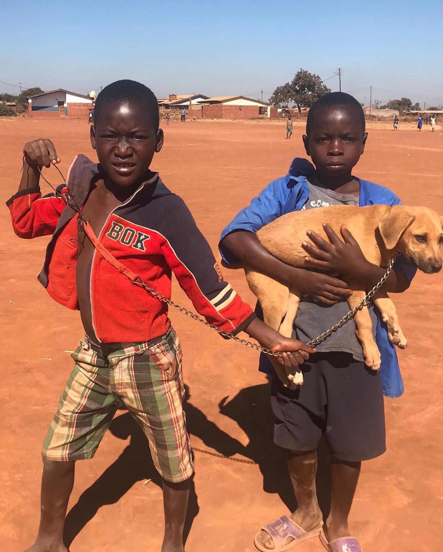 a boy wearing a red jacket that says bok holds a dog