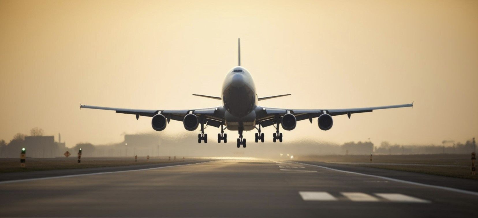 Boeing 747 landar på en landningsbana i skymningen; silhuett mot en varm, orange himmel.