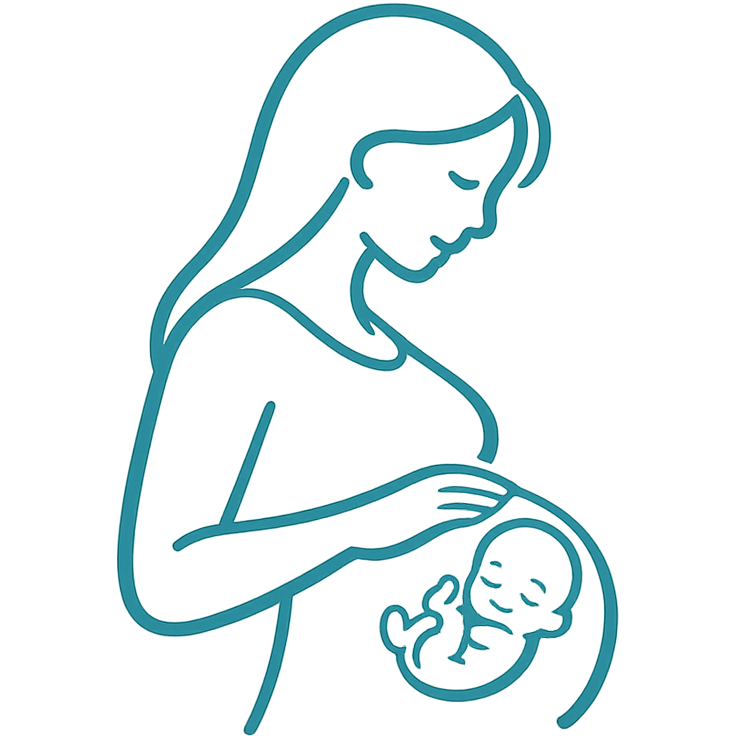 Gravid kvinna som rör vid magen, med ett barn avbildat inuti.