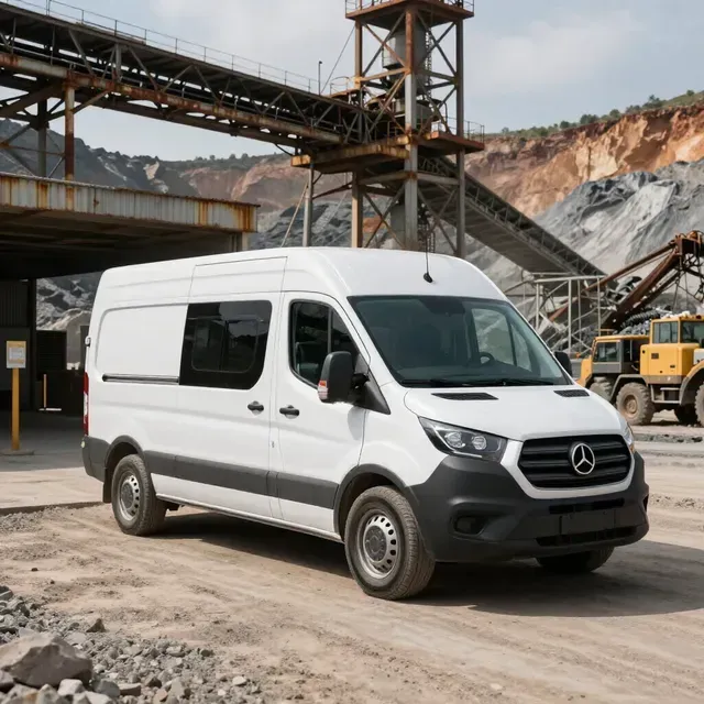 Una furgoneta Mercedes-Benz Sprinter blanca aparcada en una cantera de grava con maquinaria industrial al fondo.