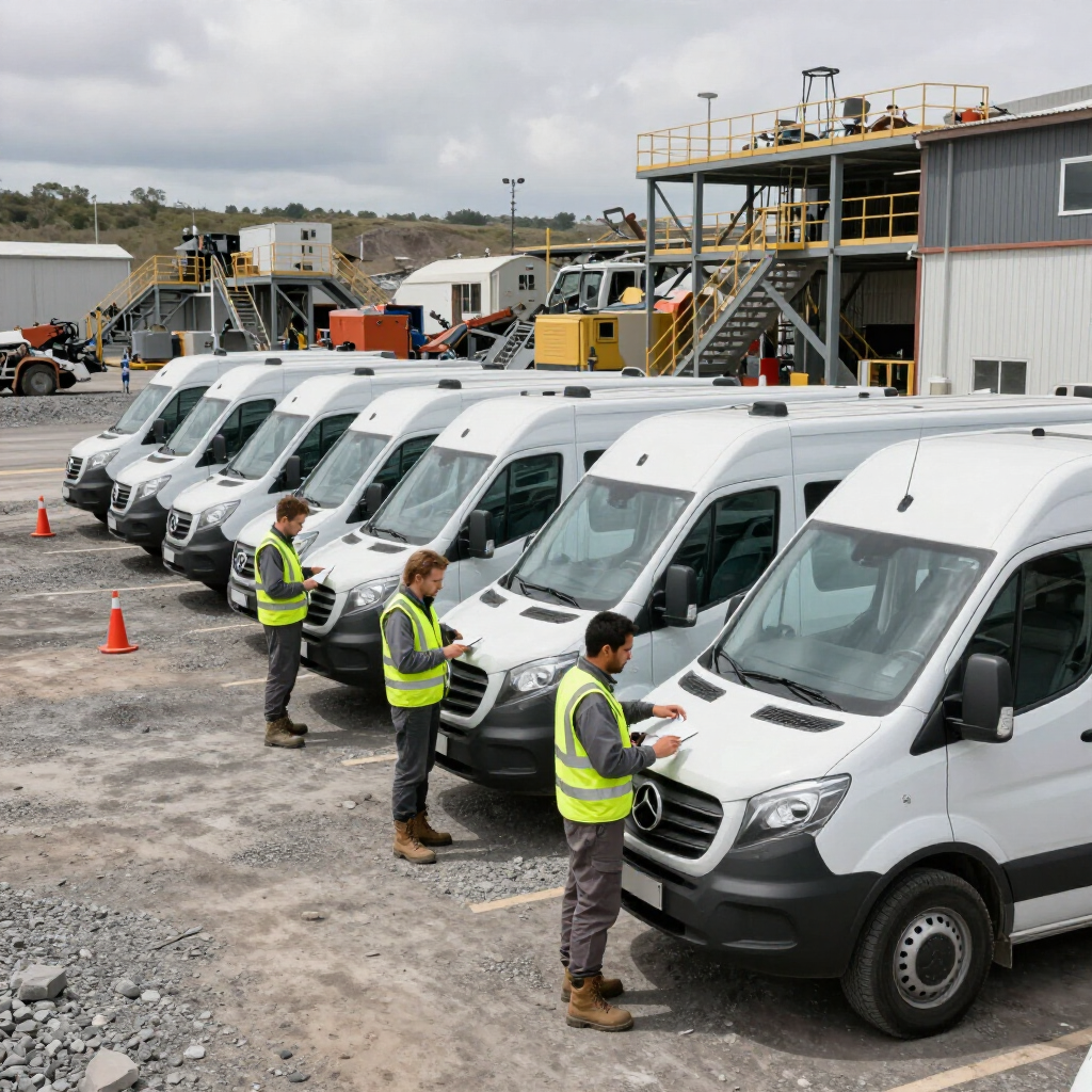 Trabajadores con chalecos reflectantes inspeccionan una fila de furgonetas blancas 