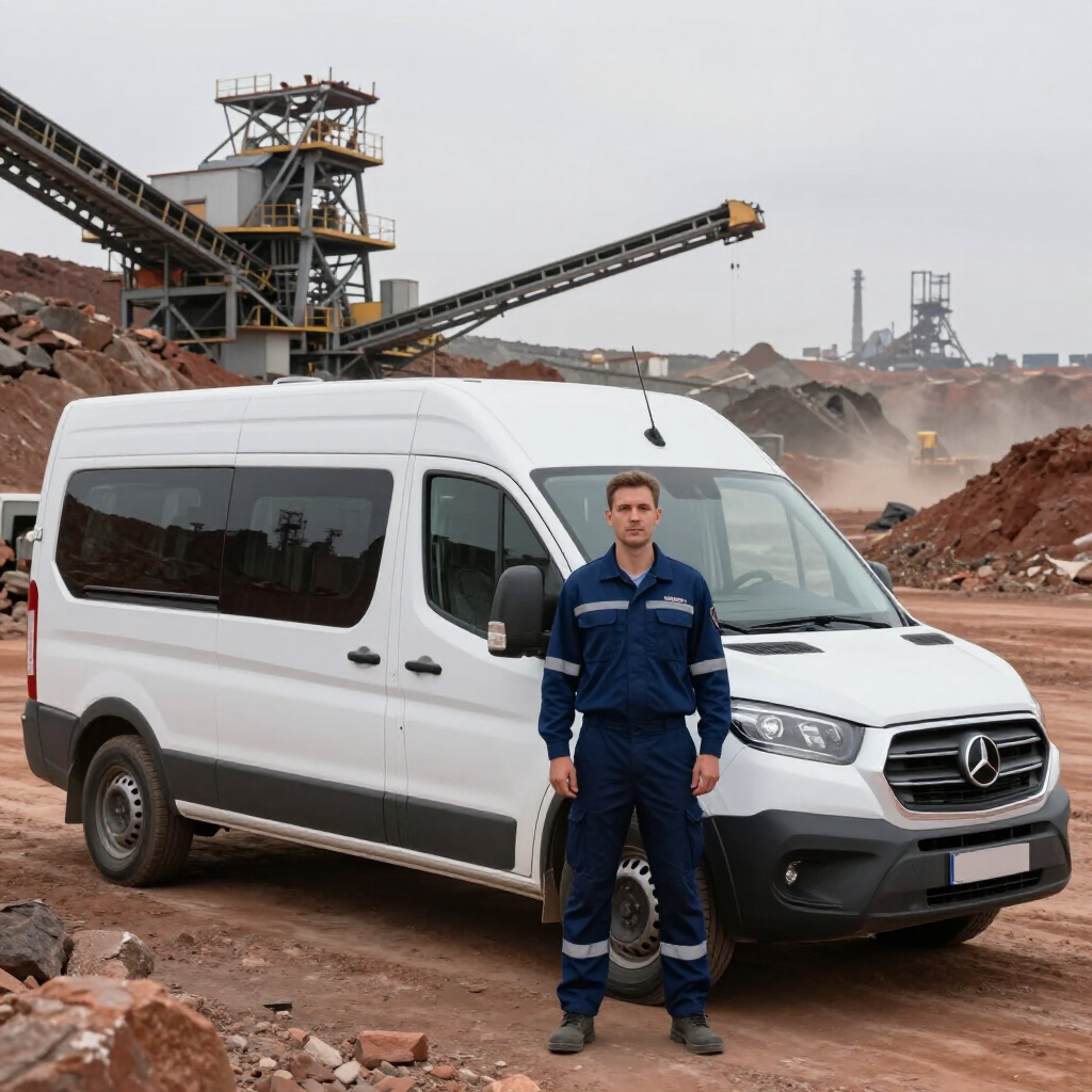 Una persona con uniforme azul se encuentra de pie frente a una furgoneta Mercedes-Benz blanca en una zona minera industrial.