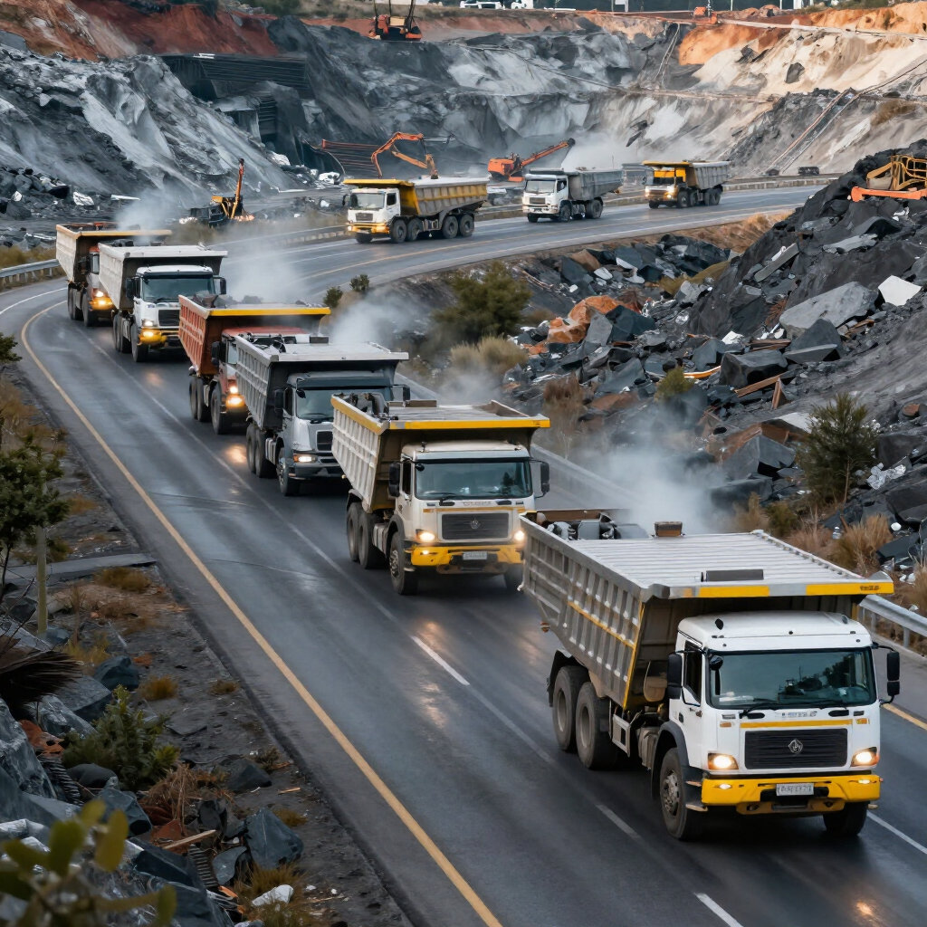 Una hilera de camiones volquete amarillos y blancos circula por una carretera asfaltada q