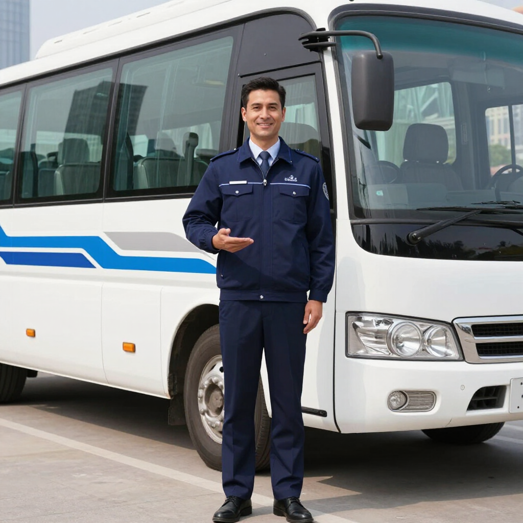Un profesional sonriente con uniforme azul señala un autobús blanco estacionado con rayas azules.