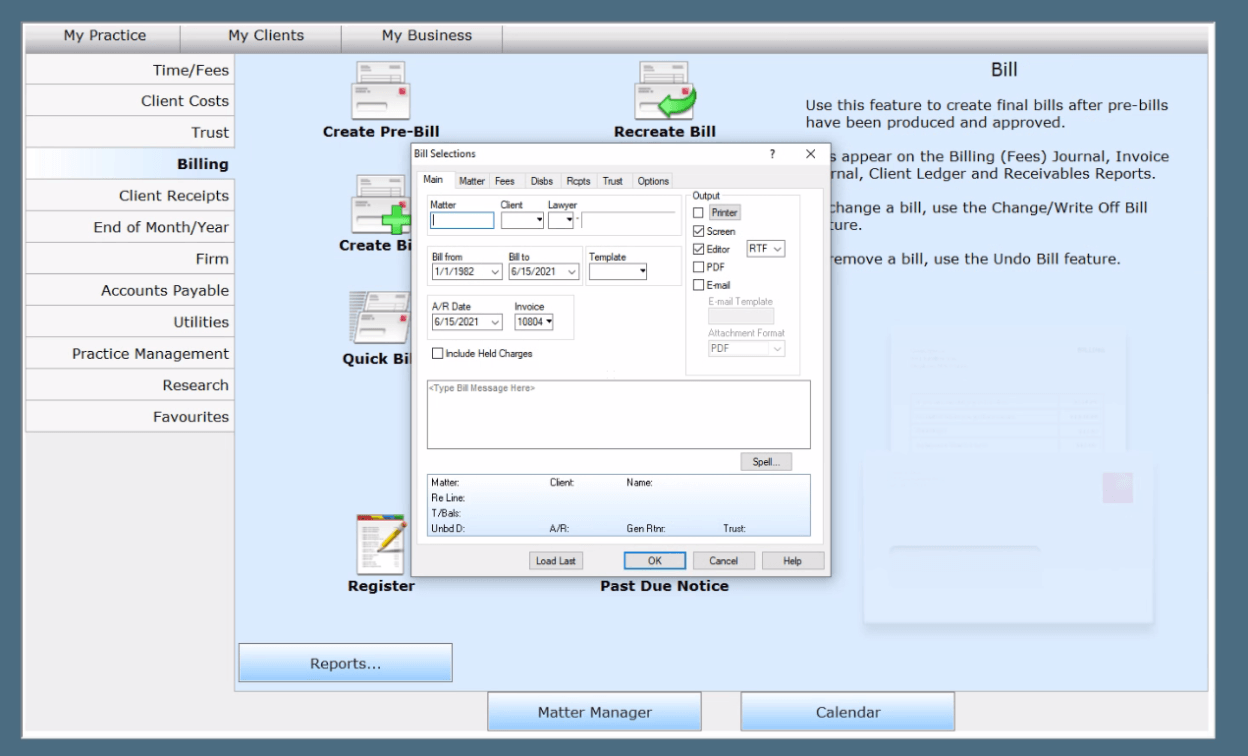 Billing and accounting screenshot from PC Law software.