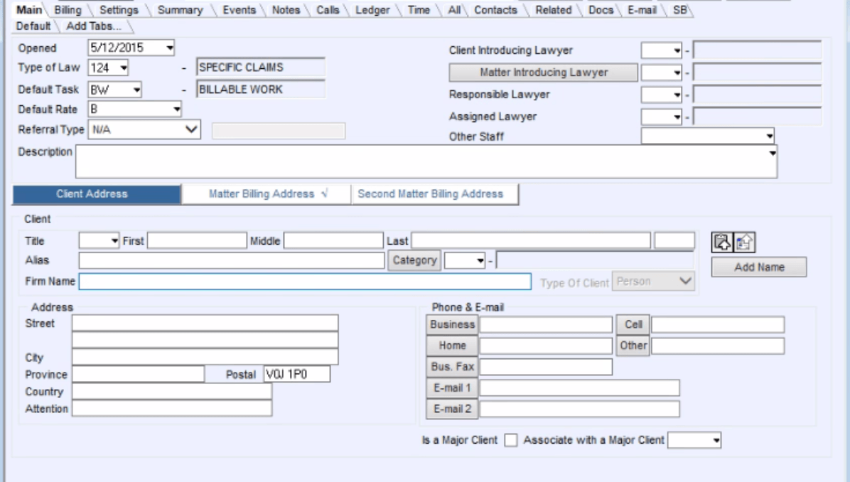 Client and calendar management software screenshot from PC Law for legal firms.