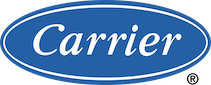 Carrier logo in white script inside a blue oval with white border