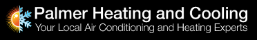 Palmer Heating and Cooling logo with orange sun and blue flame icon, white text on black background