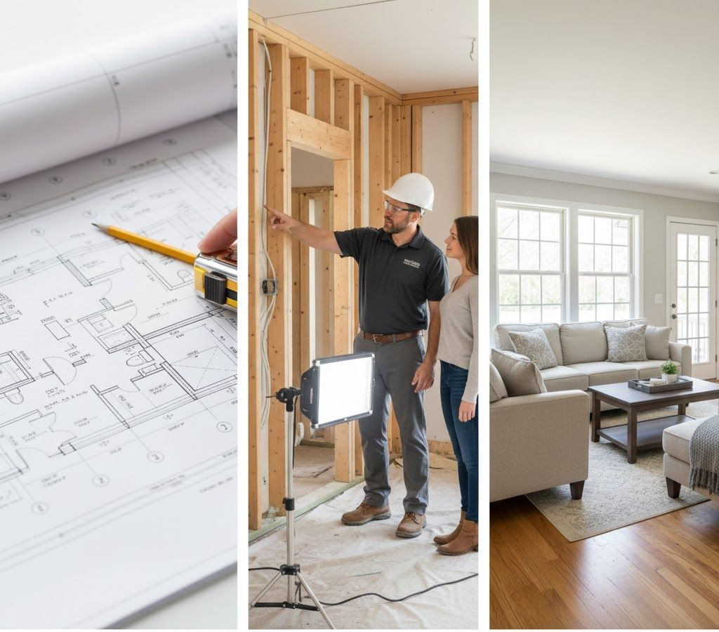 Blueprint, construction worker and client at a job site, finished living room.