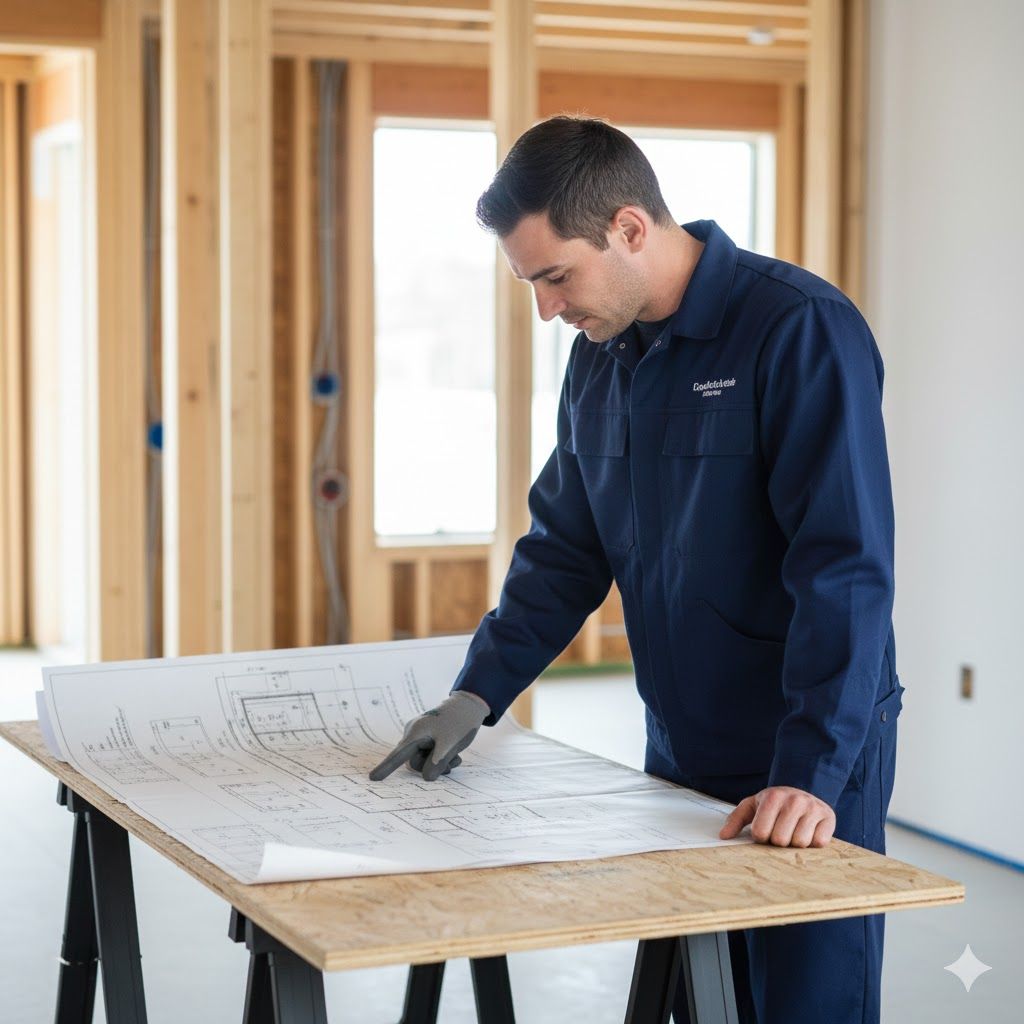 Man in blue jumpsuit examines architectural plans on a construction site.