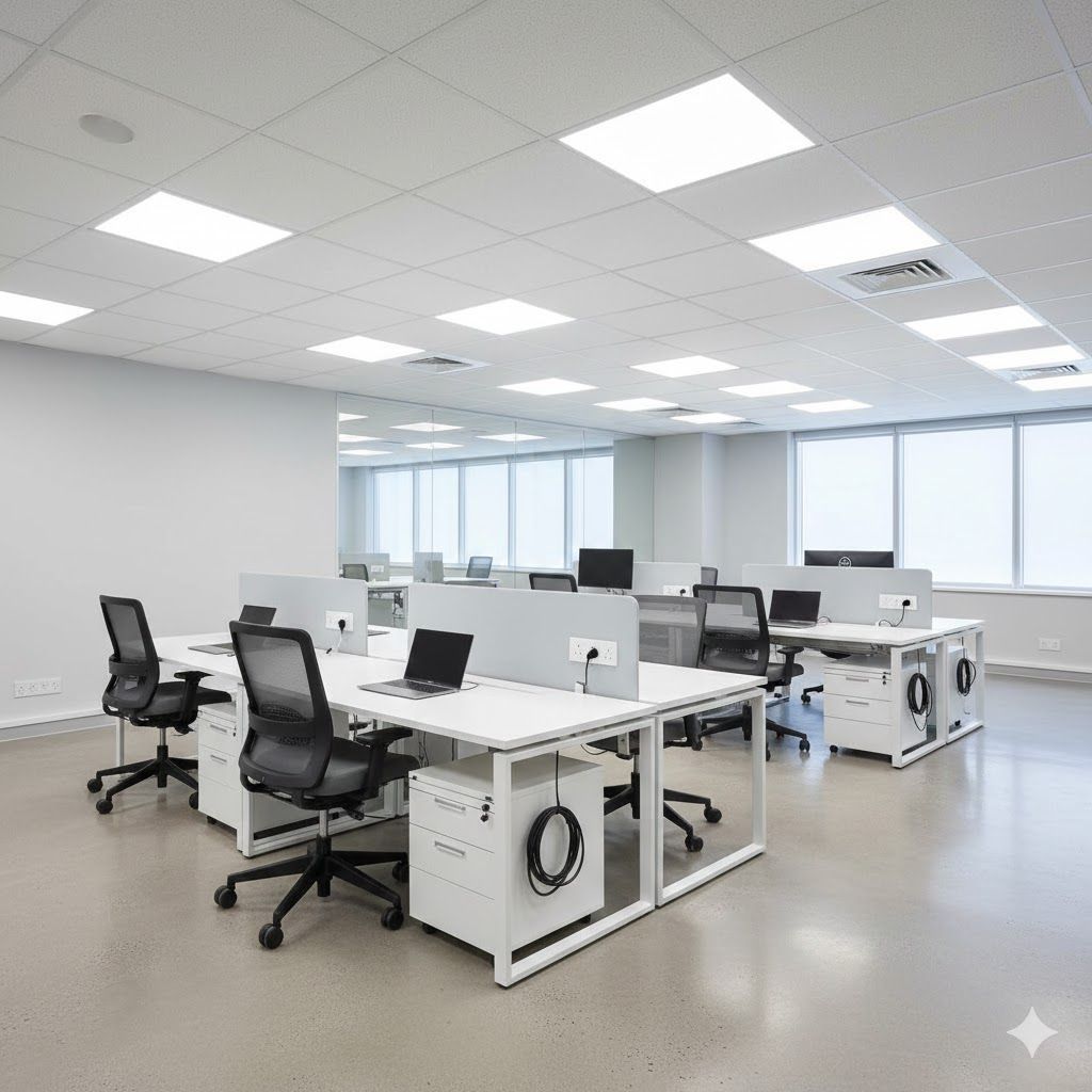 Modern office with white desks, black chairs, and large windows. Ceiling lights illuminate the empty workspace.