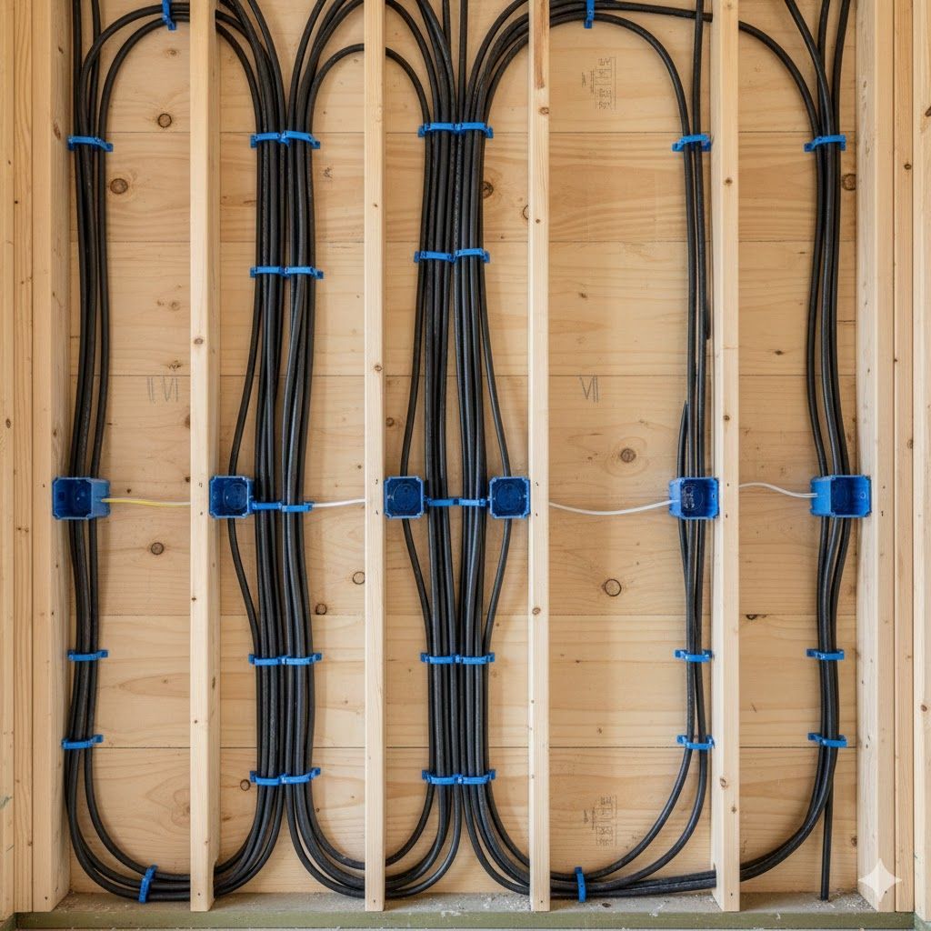 Electrical wiring in a wood-framed wall, secured with blue clips and junction boxes.