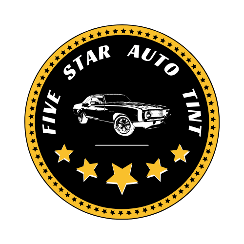 A logo for five star auto tint with a car in the center