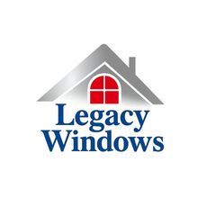 Logo for Legacy Windows: a gray house roof outline containing a red window, with the text 