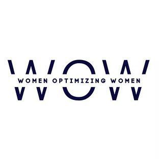 Logo: WOW (Women Optimizing Women), navy letters and circle on a white background.