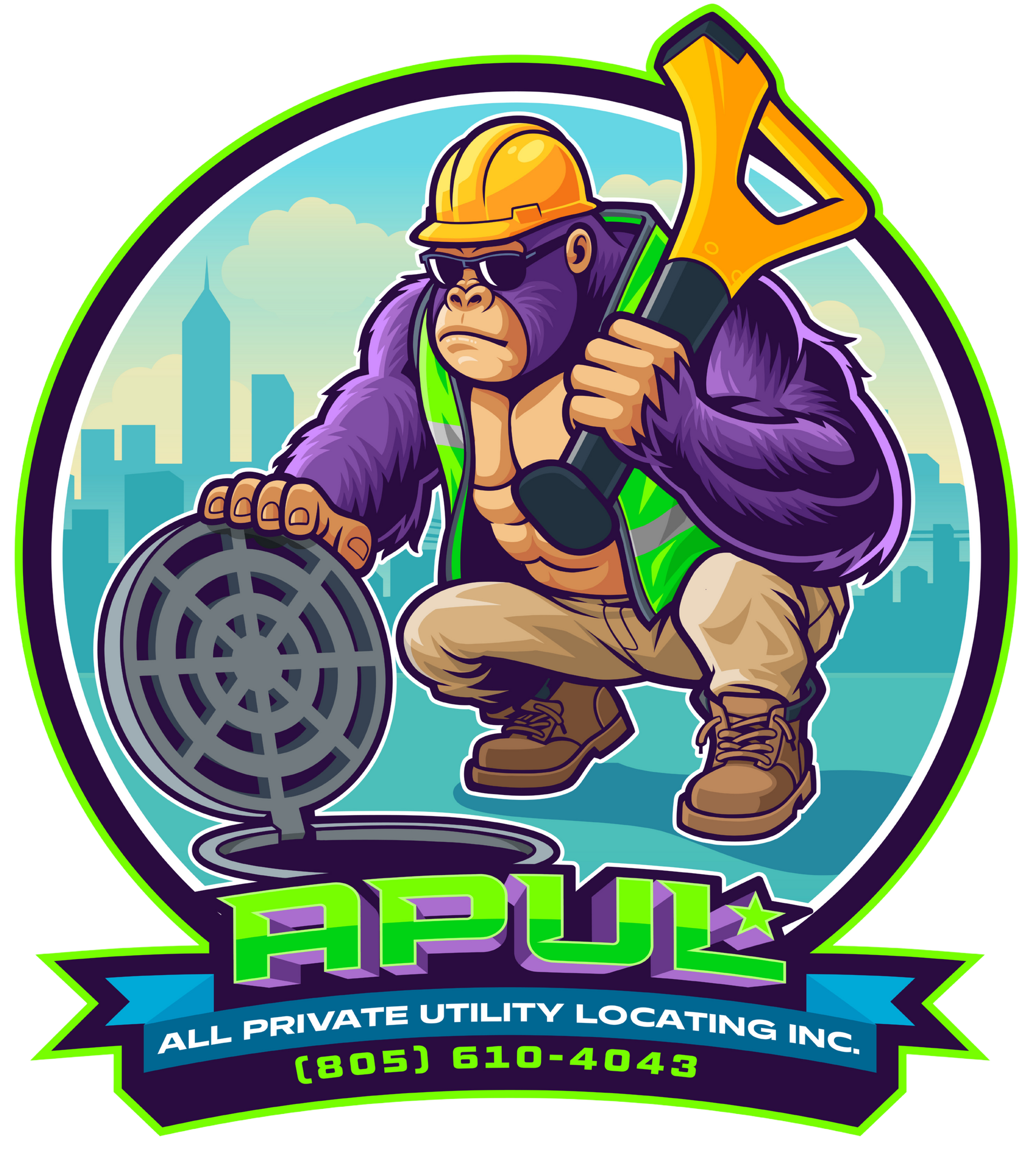 A gorilla in a hard hat and safety vest, holding a shovel, opens a manhole cover. City skyline backdrop.