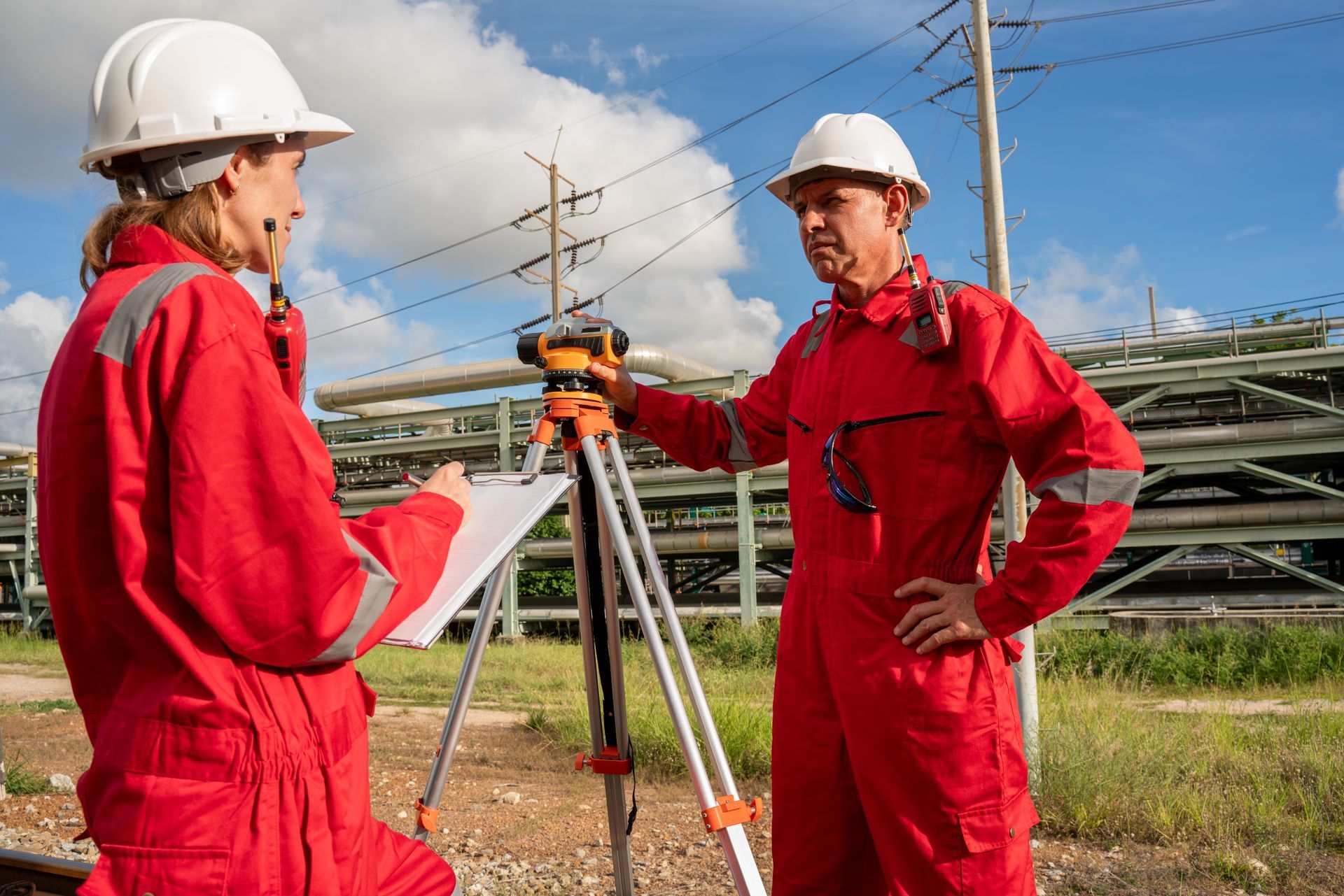 Two people in red work suits and hard hats surveying near pipes and power lines.