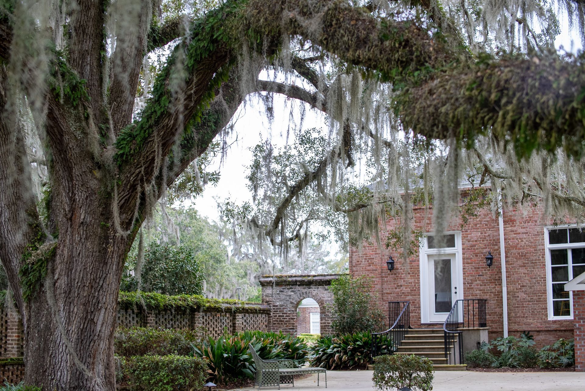 a brick house with spanish moss hanging from the trees in front of it .