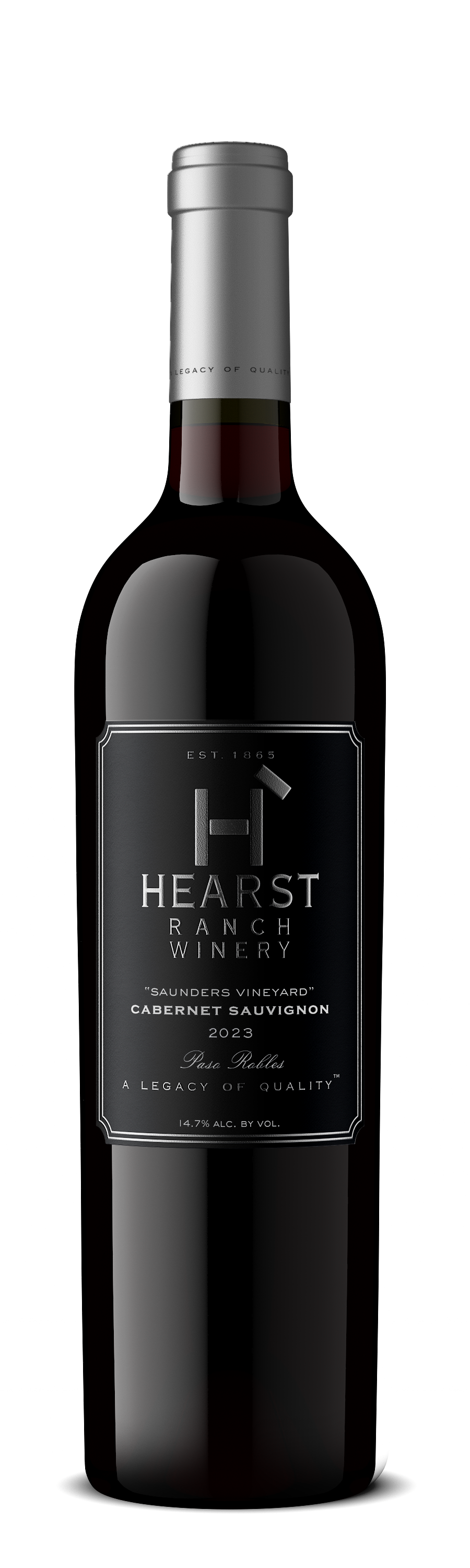 Bottle of red wine with a black label and silver cap on a white background