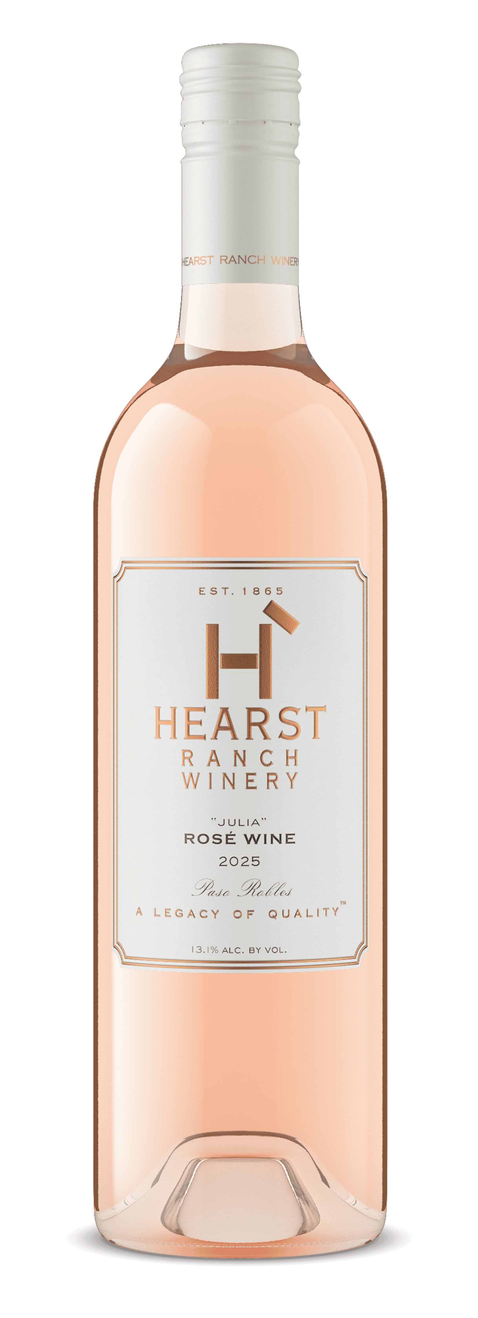 Bottle of Heart Rose wine with a pale pink label and white cap on a white background