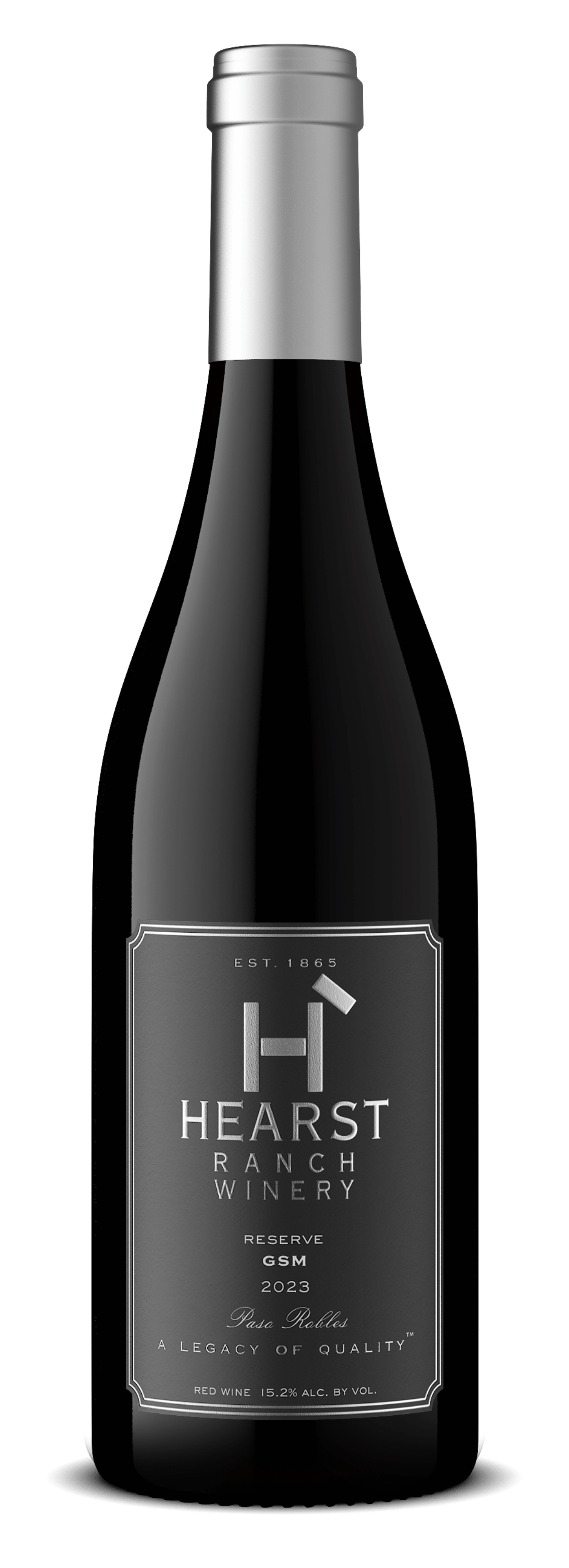 Black wine bottle with silver cap and “HEARST” label on a white background
