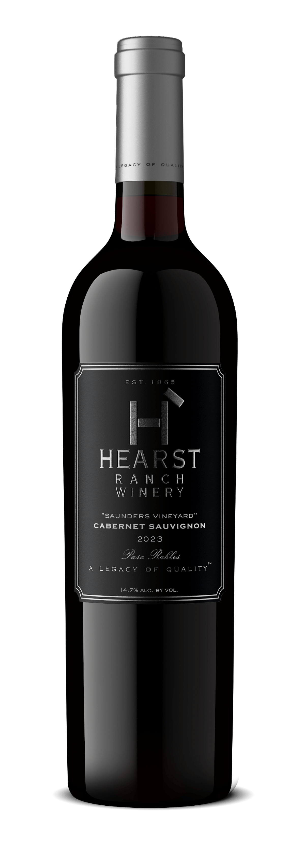 Dark wine bottle with a silver cap and black label on a white background