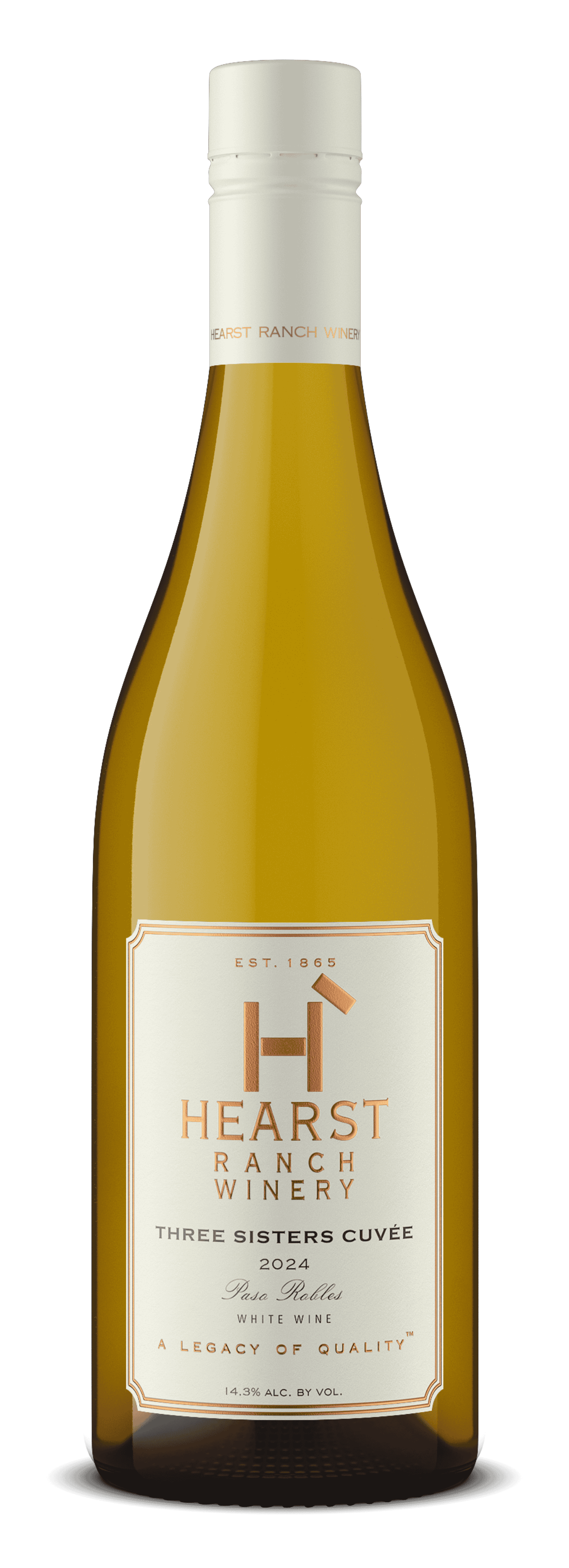 Bottle of white wine with a cream label and white cap on a plain background