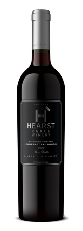 A dark wine bottle with a silver cap and black label on a white background