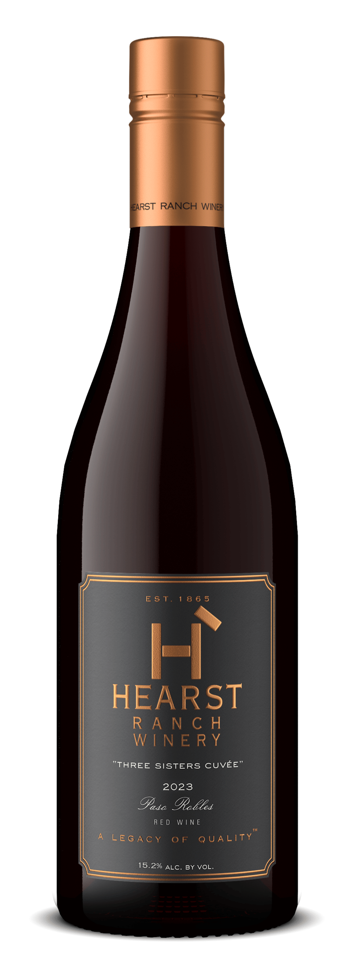 Dark wine bottle with copper foil label reading Hearst Ranch