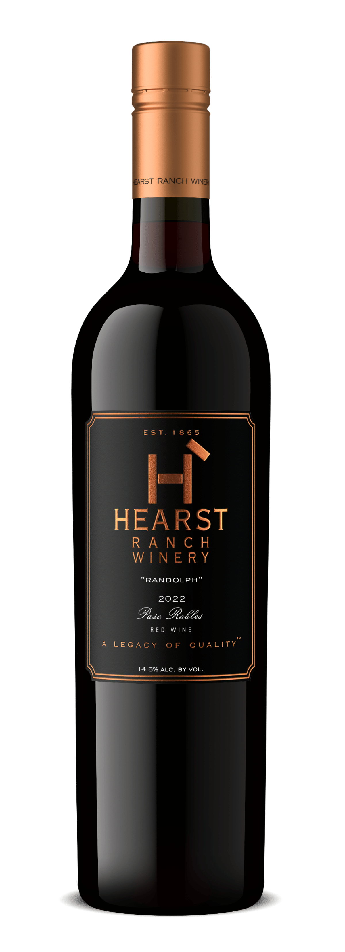 Bottle of Heart red wine with a copper-colored cap and dark label on a white background