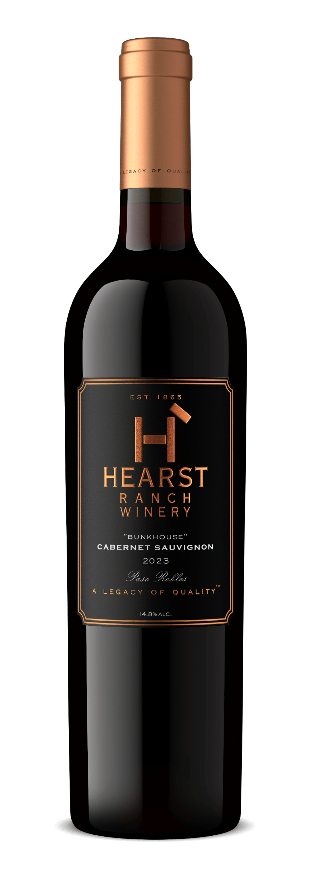 Bottle of Hearst wine with a black label and copper foil neck on a white background