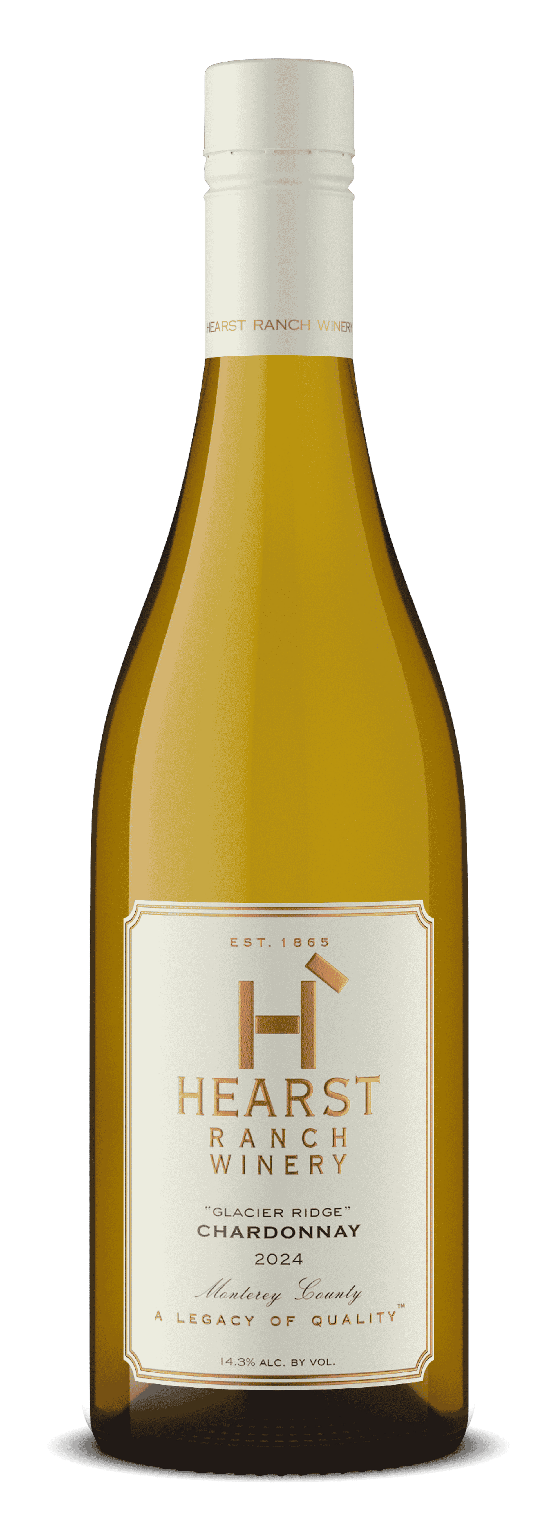 Bottle of Hearst Ranch white wine with a cream label and golden liquid