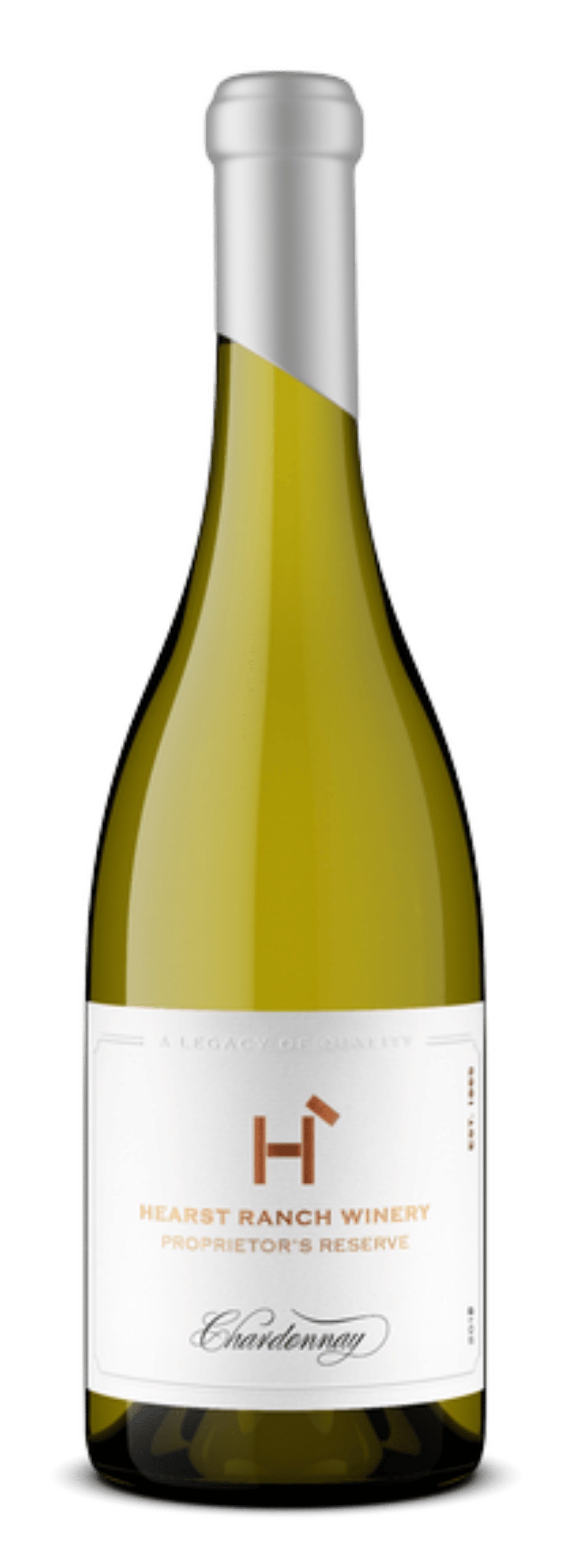 White wine bottle with silver cap and white label on a plain background
