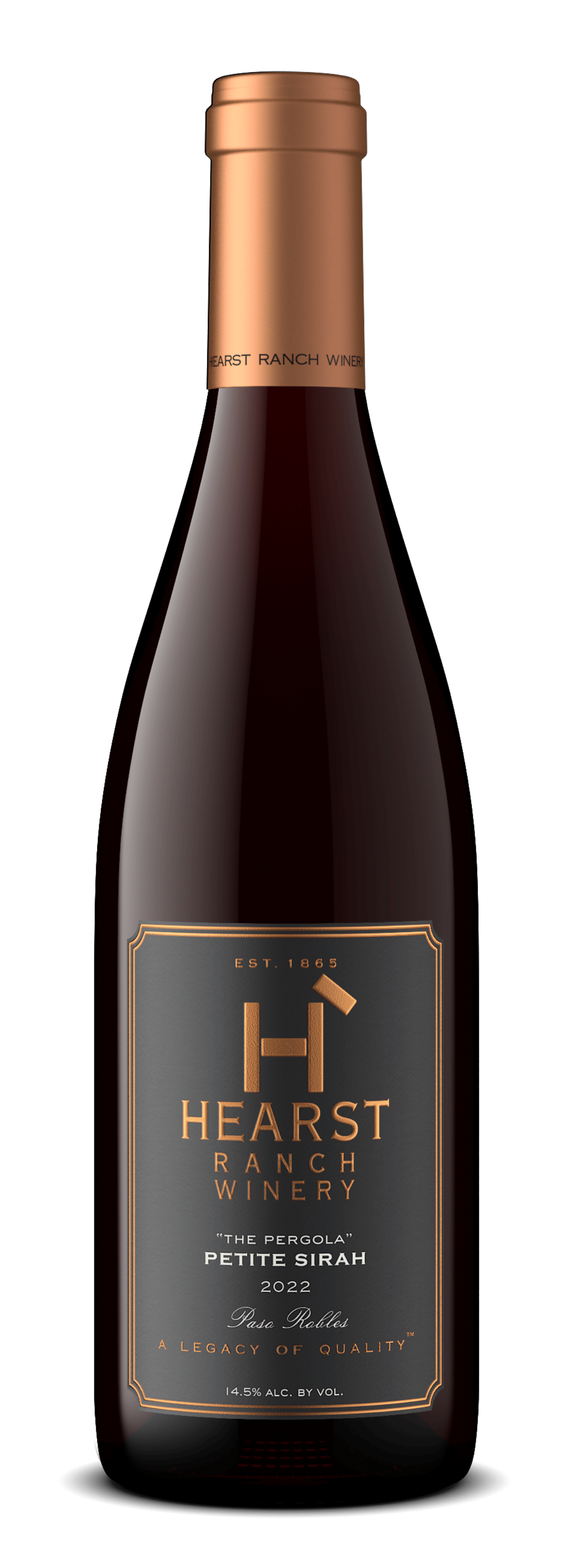 Bottle of Hearst wine with a copper cap and dark label on a white background