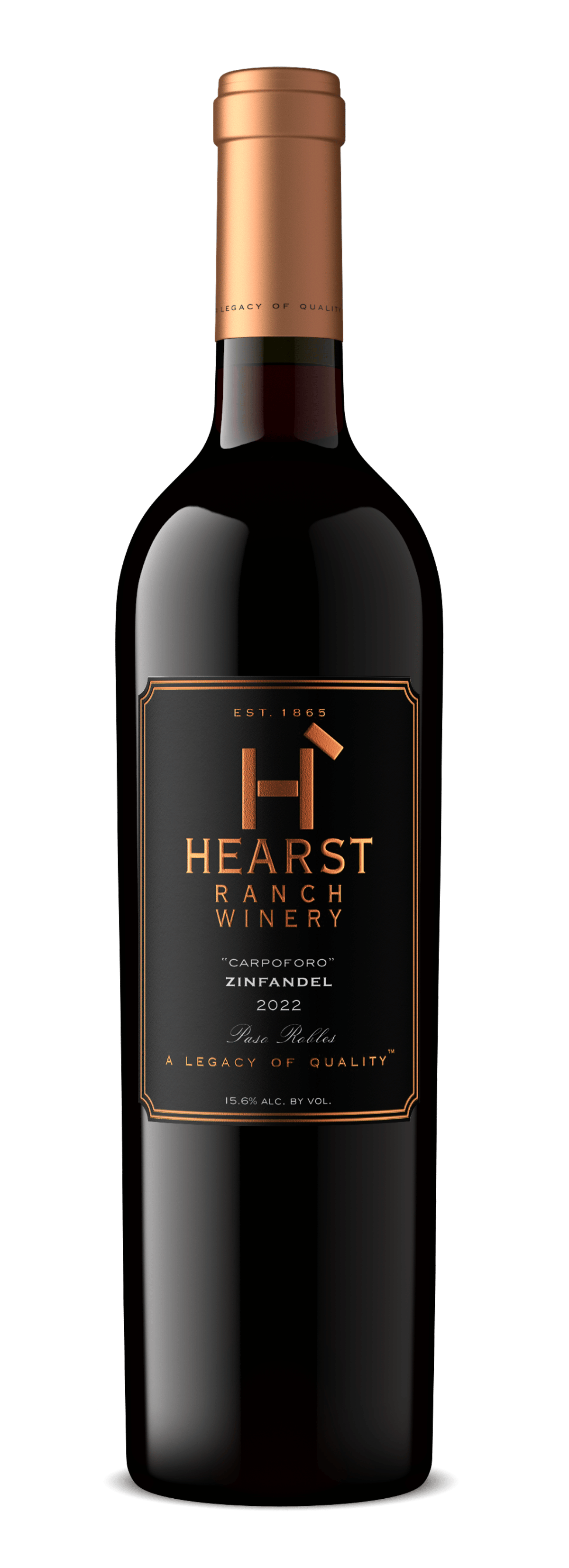 Dark red wine bottle with copper foil label and black label reading Hearst Ranch Winery.