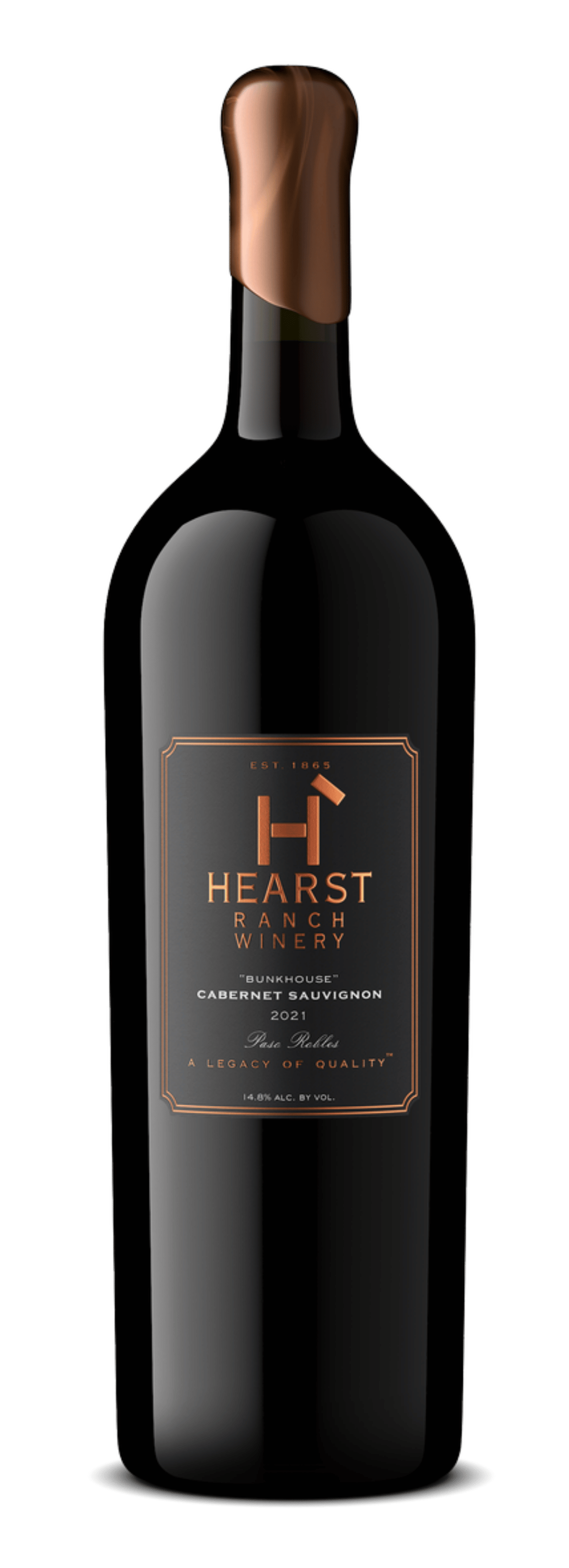 Dark wine bottle with copper foil and a HEARST label on a white background
