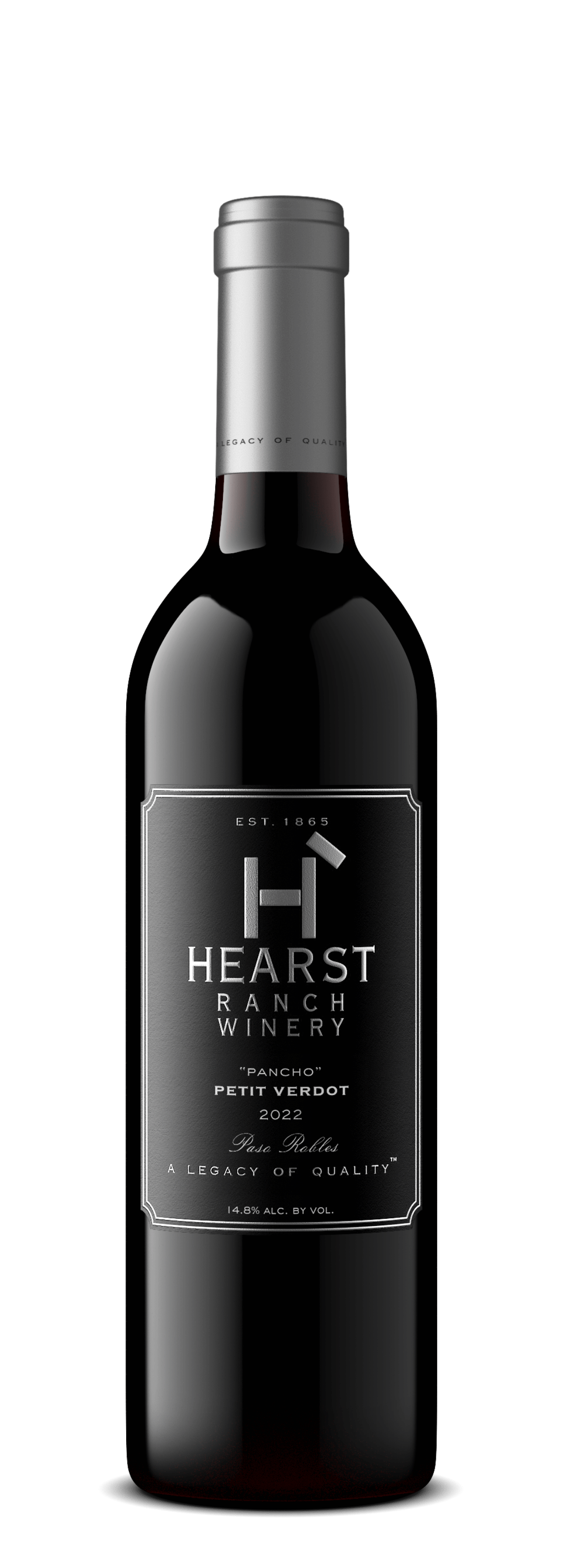 Black wine bottle with silver cap and label reading “Hearst Ranch”