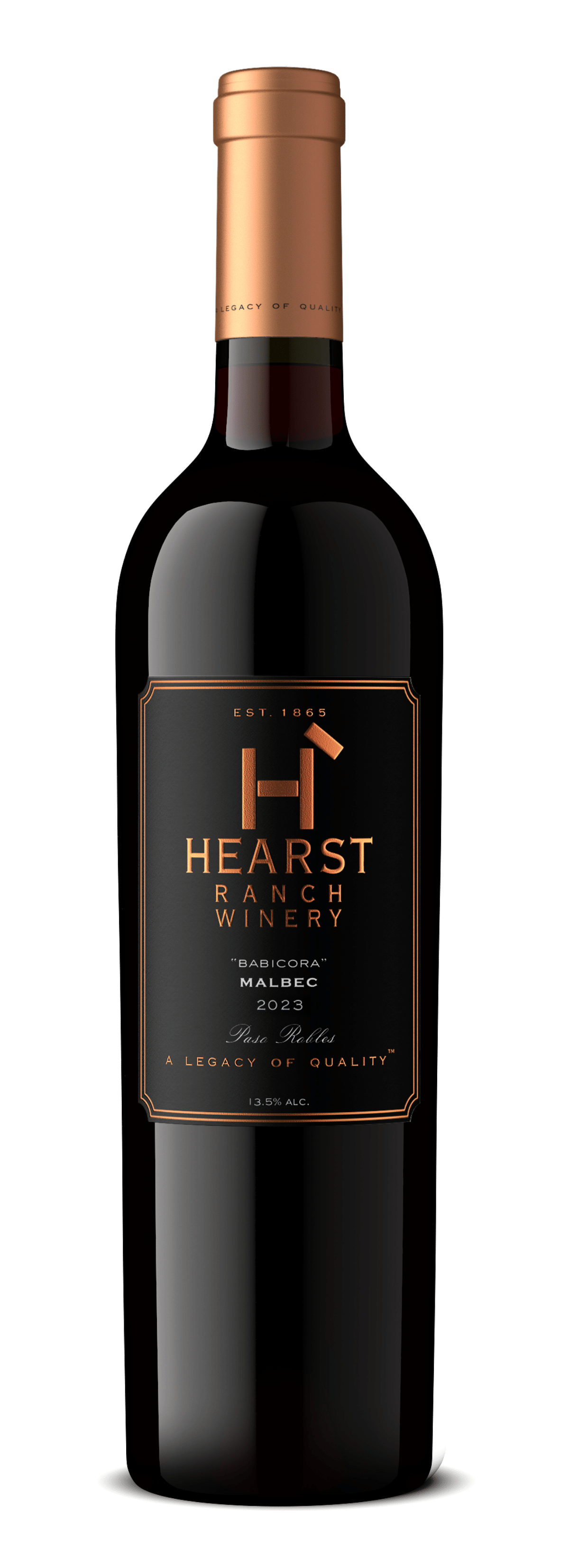 Heart of the Mountain red wine bottle with black label and copper foil top on white background