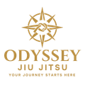 Gold logo for "Odyssey Jiu Jitsu" with a compass rose and the tagline, "Your journey starts here."
